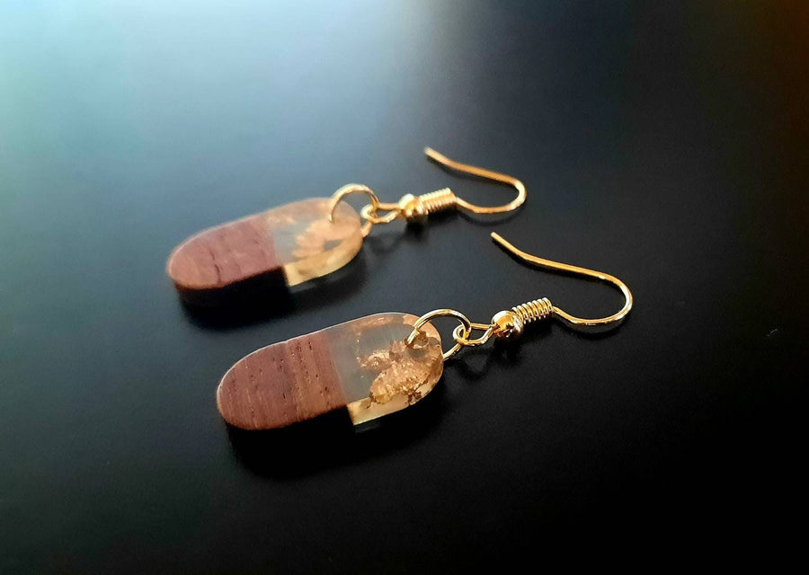 Turquoise-light blue wooden earrings, oval hanging earrings made of walnut wood and turquoise synthetic resin, handmade earrings from Germany, 3 cm