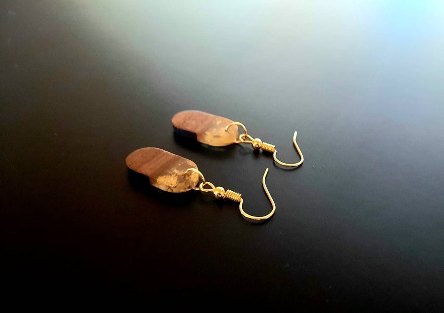 Golden wooden earrings, oval hanging earrings made of walnut wood, transparent synthetic resin and gold foil, handmade earrings, Germany, 3 cm