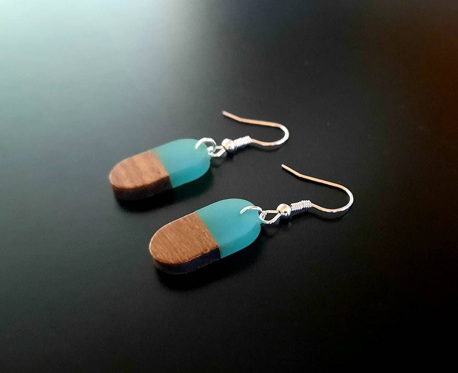 White-brown wooden earrings, oval hanging earrings made of walnut wood and white synthetic resin, handmade earrings, Germany, wooden jewelry, 3 cm