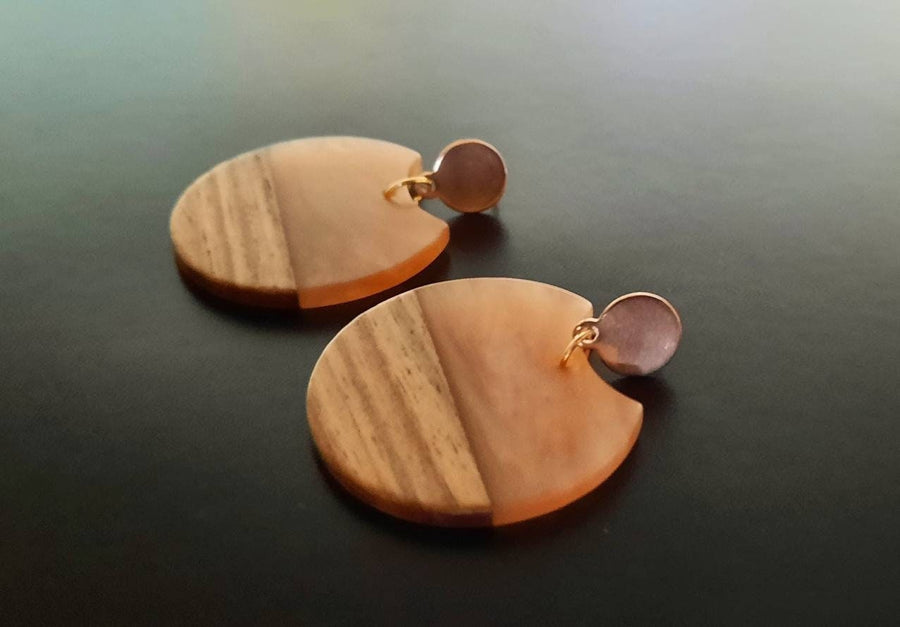 Pink marbled wooden earrings/ studs, walnut wood circles, pink synthetic resin, handmade hanging earrings, Germany, 6 cm