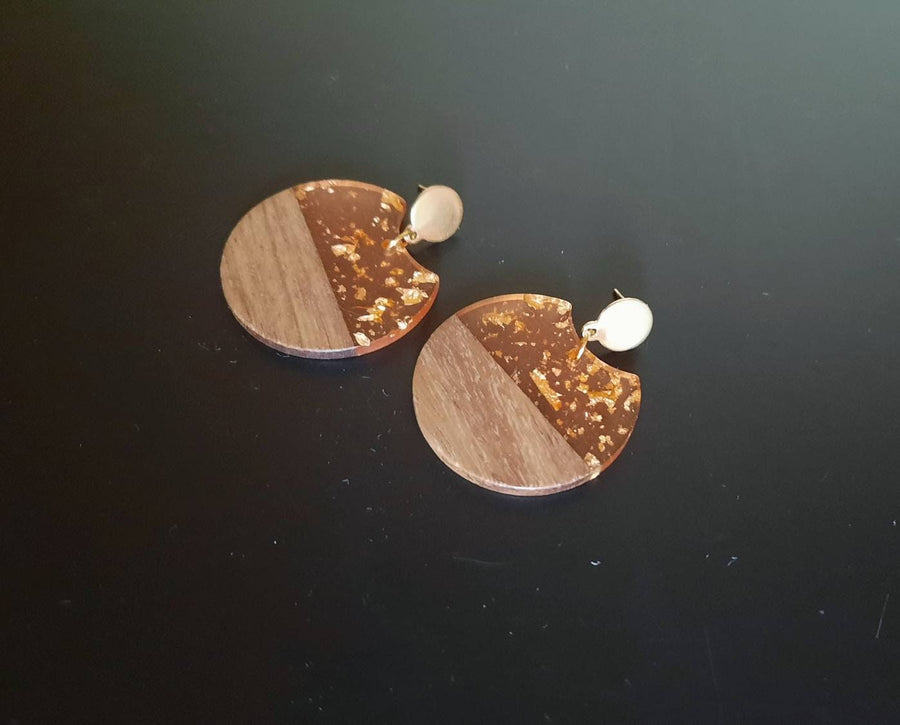 Light blue wooden earrings / studs round, circles of walnut wood and synthetic resin with triangles, handmade hanging earrings, Germany, 6 cm