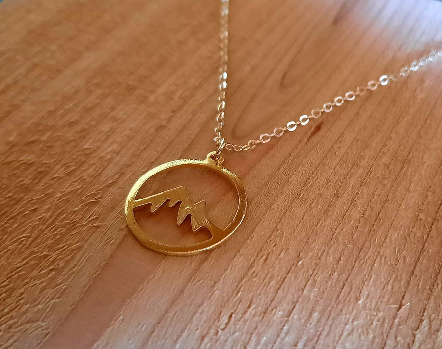 Gold earrings with mountains in gold, hanging earrings with round pendant with mountain range, brushed circle plated in yellow gold, from Germany