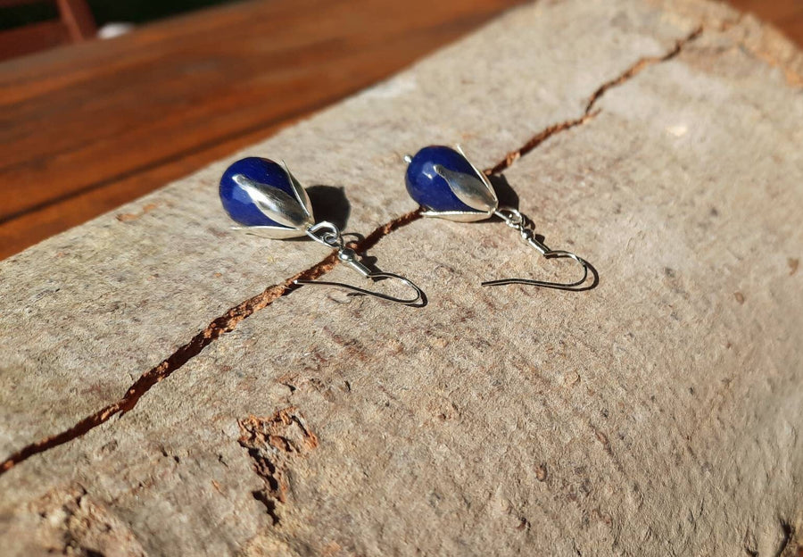 Dark blue hanging earrings with agate in real silver, 925 sterling silver, nickel-free, real semi-precious stone, real agate in blue, handmade